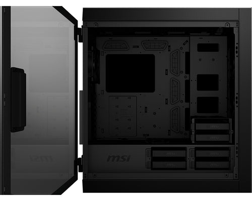 MSI MPG SEKIRA 500P – sort PC-kabinet – indvendigt kabinet med glasdør åbnet