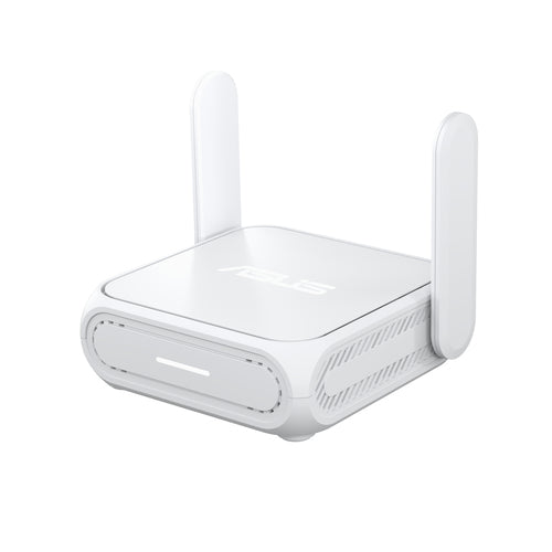 Hvid ASUS RT-BE58 Go rejserouter – front og højre side