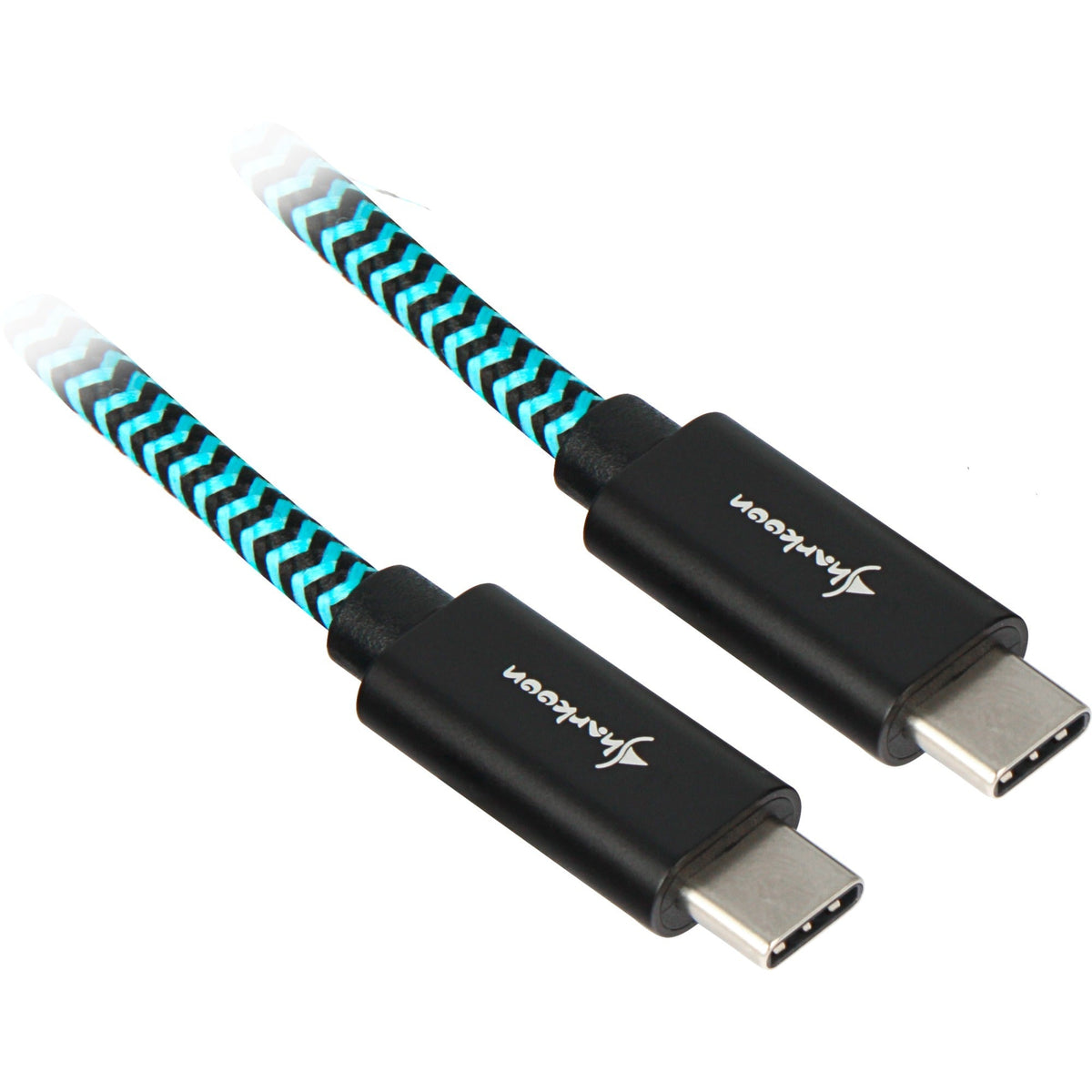 Sharkoon USB-C til USB-C kabel med sort og lyseblå flet og sorte aluminiumshuse