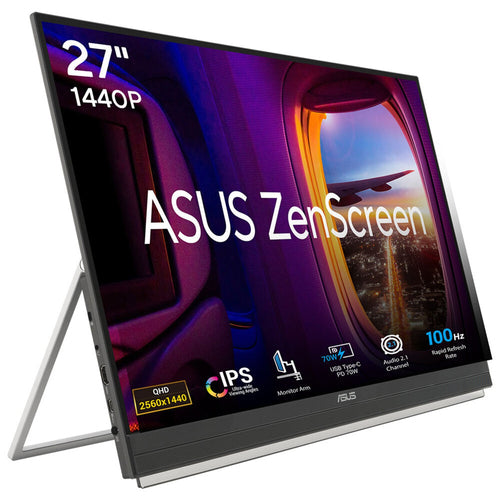 ASUS ZenScreen MB27ACF – skærm med producentens QHD- og 100Hz-illustration