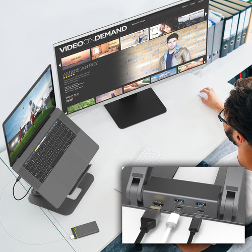 j5create – justerbart laptopstativ med 4K USB-C-dock – Laptop og skærm som eksempel