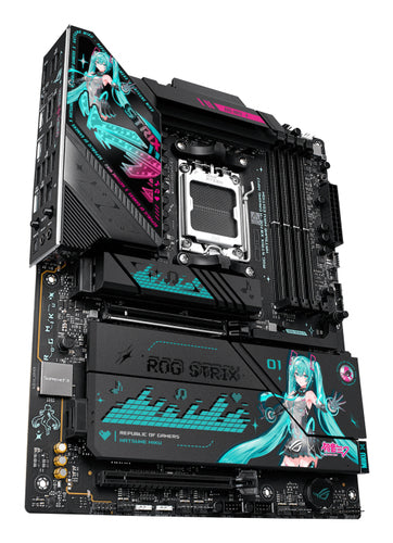 ASUS ROG STRIX X870E-H GAMING WIFI7 Hatsune Miku Edition – AM5 bundkort – skråt ovenfra