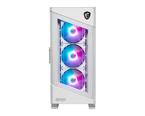 MSI MPG VELOX 100R White – hvidt PC-kabinet – front med tre ARGB-blæsere