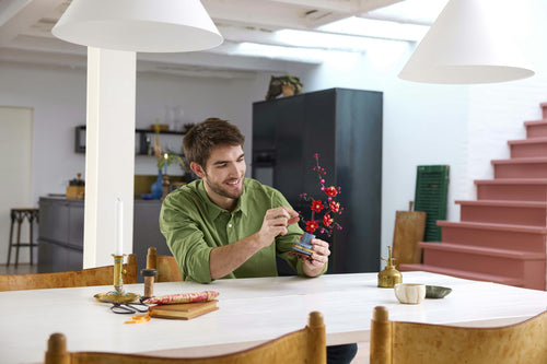 LEGO Botanicals 10369 – Japansk abrikostræ – blomstermodellen ved et bord med en bygger
