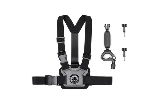 DJI Osmo Action Biking Accessory Kit – Brystsele og styrbeslag – Brystsele og styrbeslag opstillet ved siden af hinanden