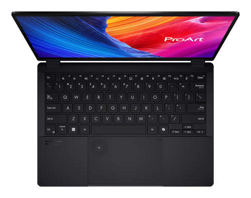 ASUS ProArt GoPro Edition PX13 HN7306EA-LX036W – taster og arbejdsflade set ovenfra; tastaturlayout illustrativt