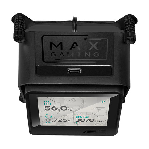 ASUS MAX Gaming LC 360 ARGB LCD – pumpe og LCD-skærm set fra høj vinkel
