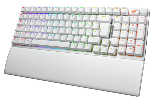 ASUS ROG Strix Scope II 96 – tastatur og håndledsstøtte set skråt – layoutillustration