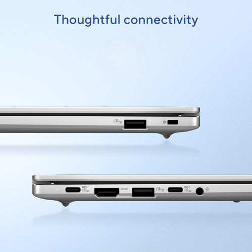 ASUS Chromebook CM14 CM1406CM4A-LY0051 – detalje af tilslutninger; tastaturlayout illustrativt