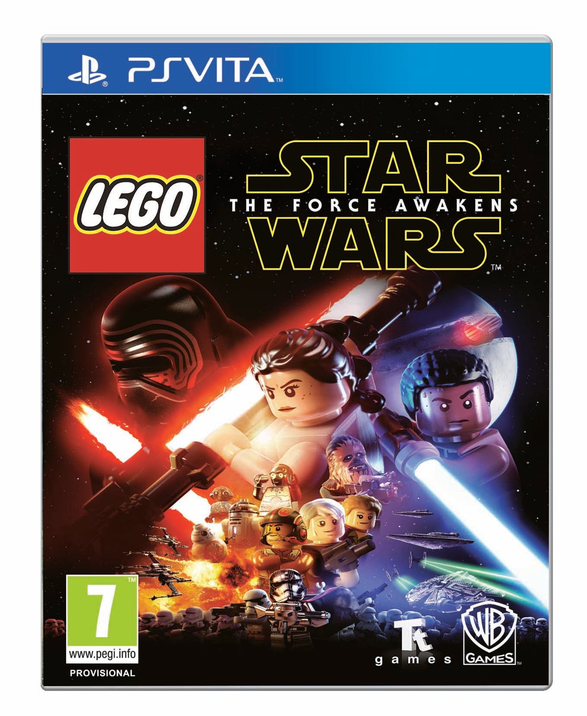 LEGO Star Wars: The Force Awakens – PS Vita-spillets forside med Rey og Star Wars-figurer