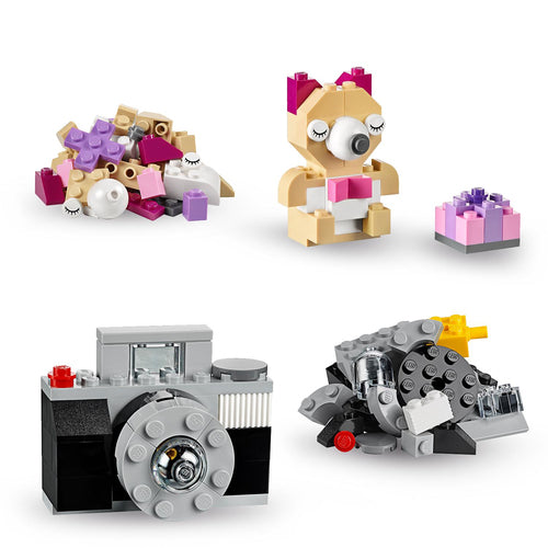 LEGO Classic 10698 – Stor kreativ klodskasse – eksempler på kat og kamera med de medfølgende klodser
