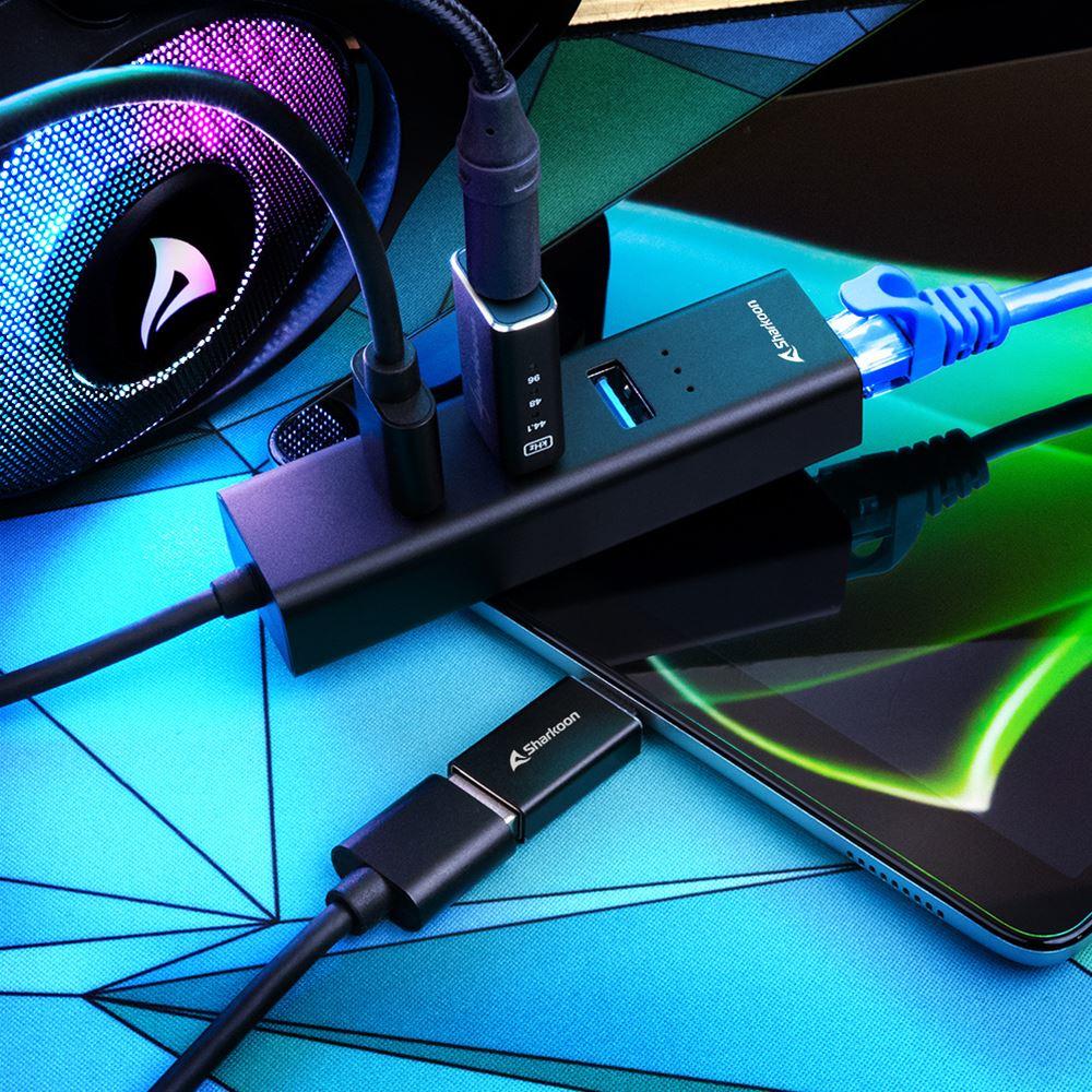 Sharkoon USB 3.2 Gen 1 aluminiumshub – 3 USB-porte og Gigabit Ethernet – billede 4
