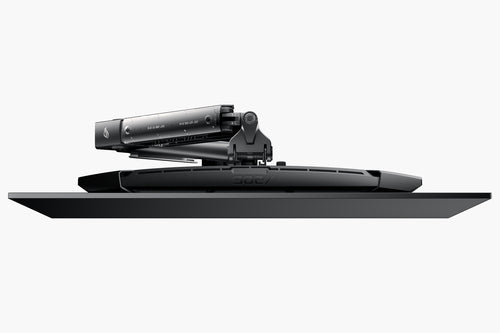 ASUS ROG Ergo AAS01R skærmarm – sammenfoldet arm og skærm set fra siden, skærm medfølger ikke