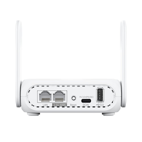 Hvid ASUS RT-BE58 Go rejserouter – bagside med WAN-, LAN- og USB-porte