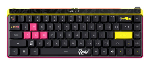ASUS ROG Falchion Ace HFX ZywOo Edition – taster og arbejdsflade set ovenfra (vinkel 2); tastaturlayout illustrativt