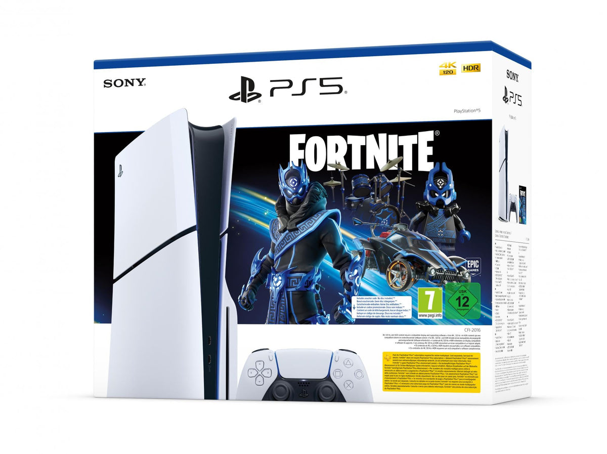 PS5 Console 1TB Standard Slim White Cobalt Star Fortnite Bundle – produktbillede