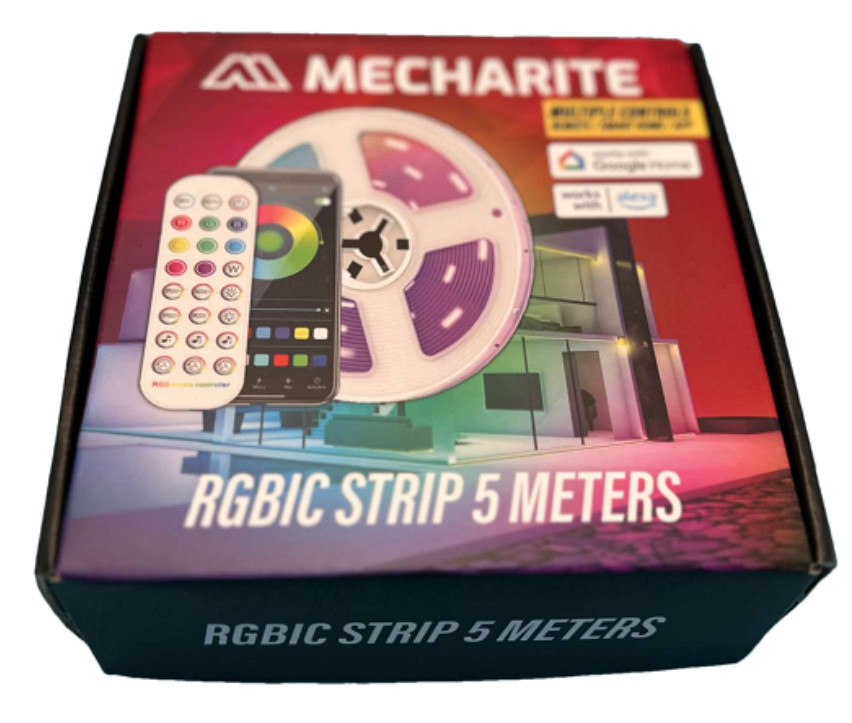 Mecharite RGBIC LED-strip på 5 meter med fjernbetjening, vist i emballagen