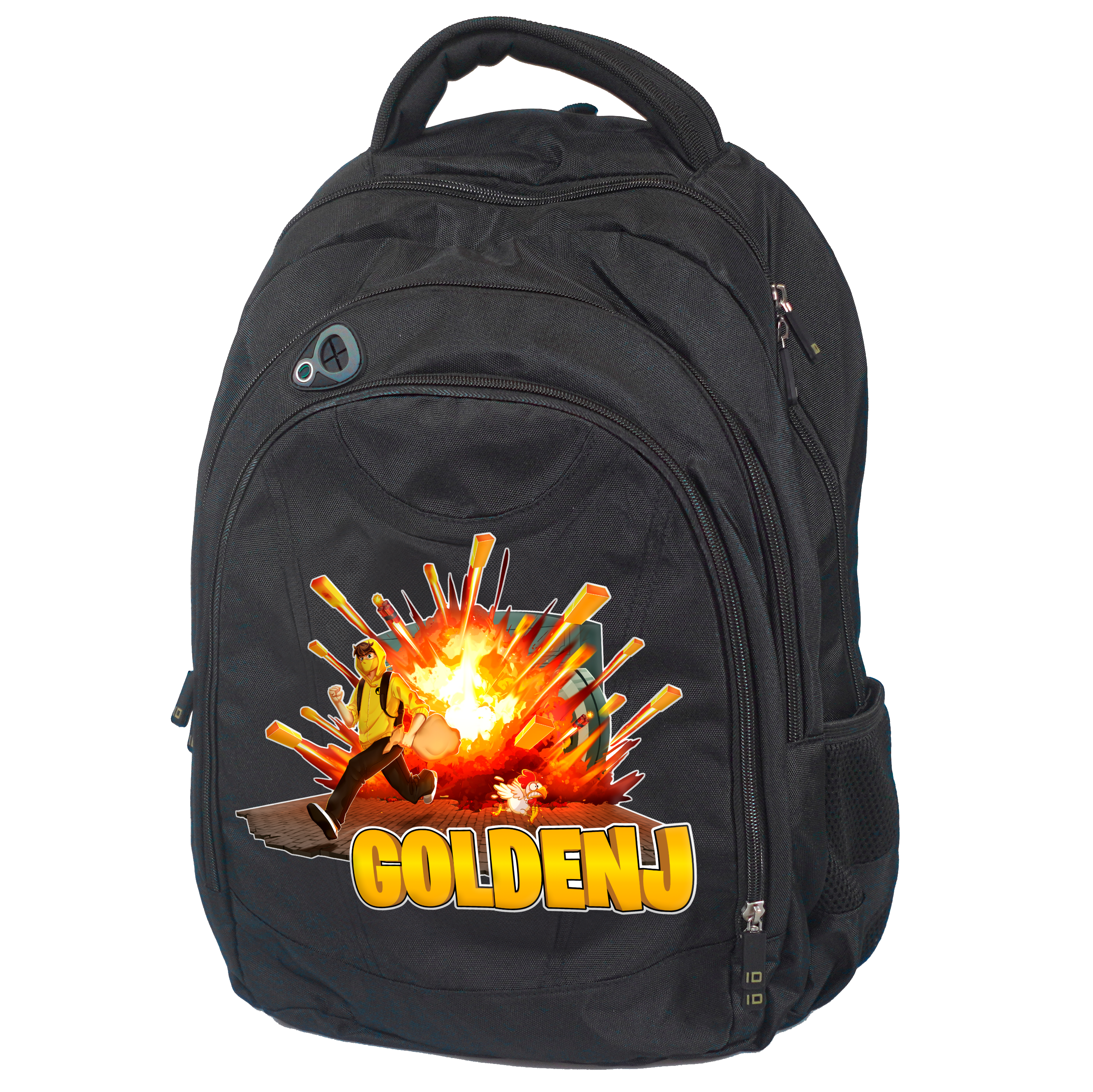En sort rygsæk, hvor man kan se fronten, som har et GoldenJ mønster med en mand i en gul hoodie, som løber væk fra en eksplosion