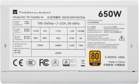 Thermalright TR-TG 650S-W Hvid- PSU, 80+ Gold, 650W, non-modular Thermalright