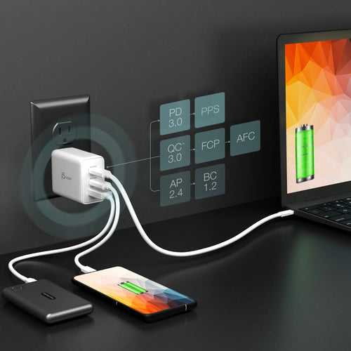 j5create 65 W GaN-oplader – 2×USB-C og USB-A – EU – Opladning af flere enheder som eksempel