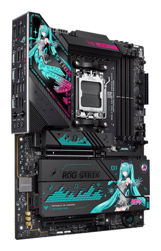 ASUS ROG STRIX X870E-H GAMING WIFI7 Hatsune Miku Edition – AM5 bundkort – skråt ovenfra