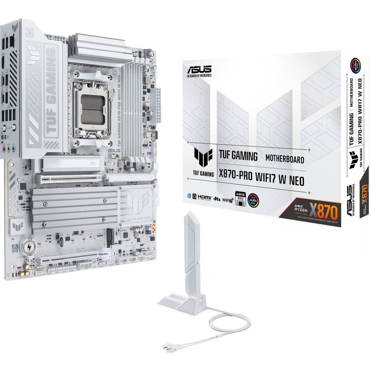 ASUS TUF GAMING X870-PRO WIFI7 W NEO – med emballage og Wi-Fi-antenne