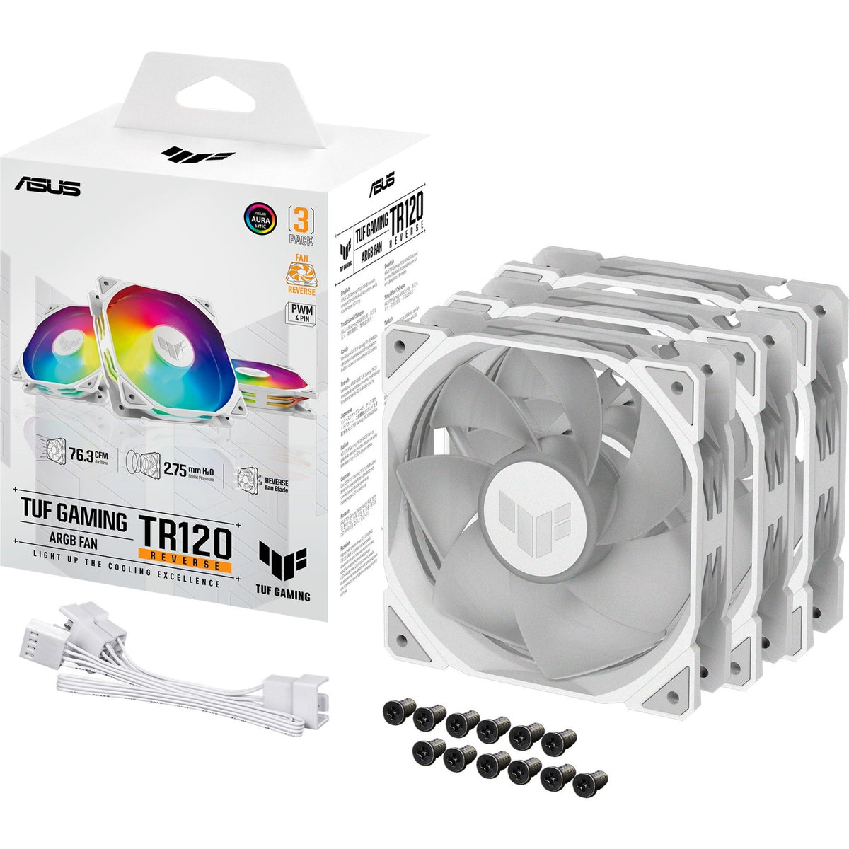 ASUS TUF Gaming TR120 ARGB Reverse – Hvid 3-pak med emballage, blæsere og tilbehør