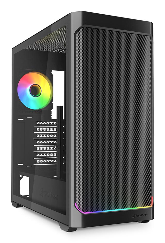 Sort Sharkoon AK4W RGB Strip kabinet med glasside og lysstrimmel ved frontens bund