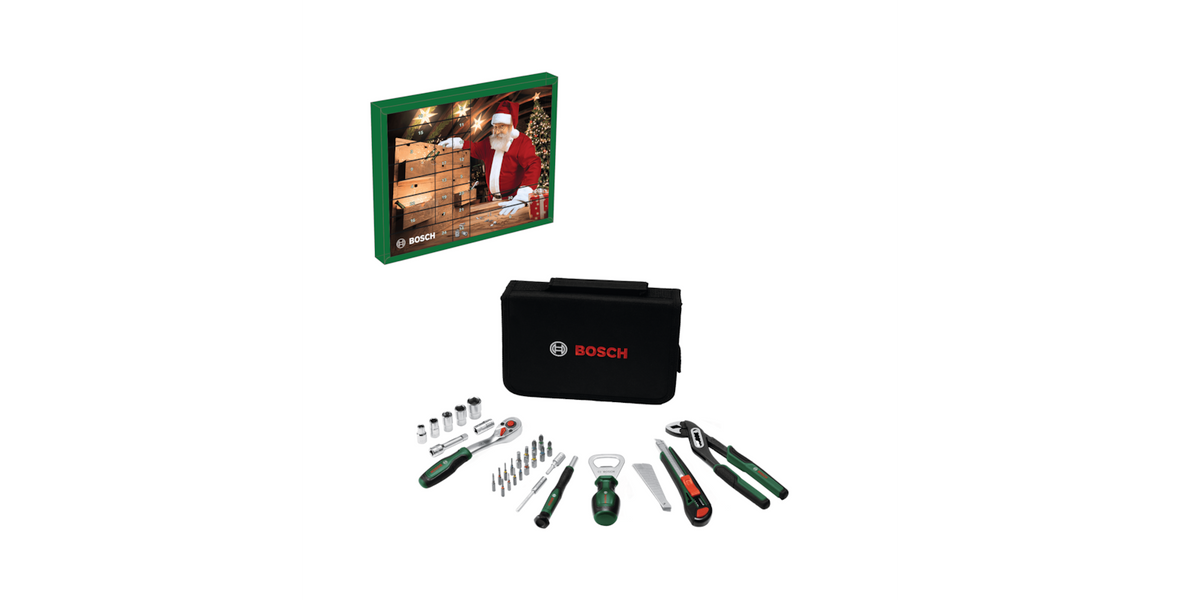 Bosch DIY julekalender 2026 – værktøjssættets 44 dele og taske