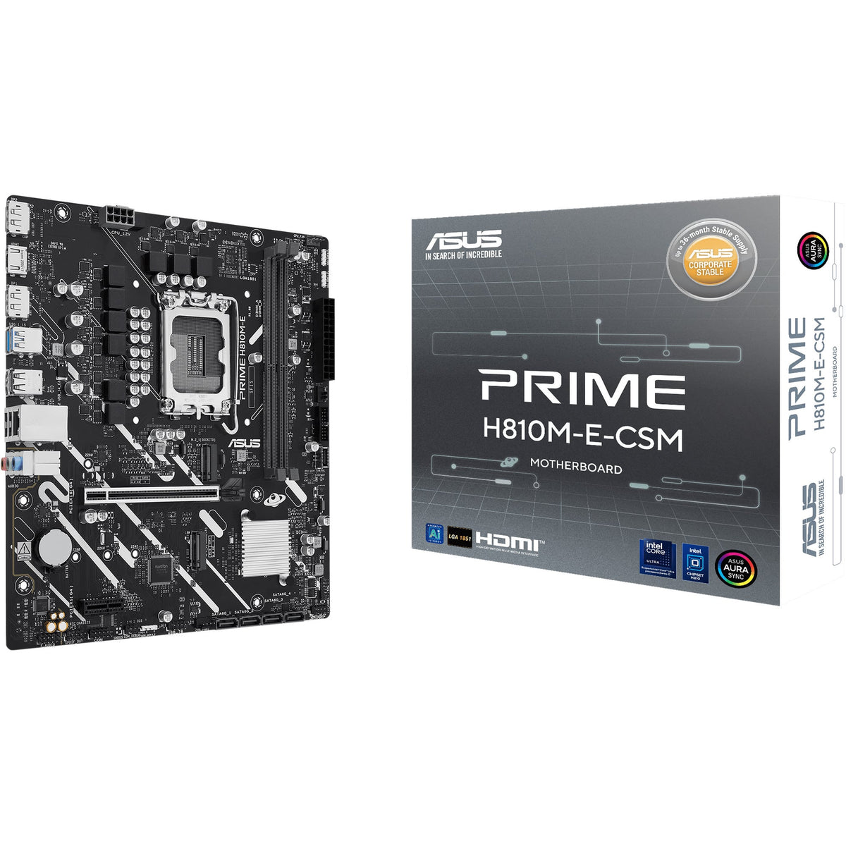 ASUS PRIME H810M-E-CSM bundkort ved siden af emballagen