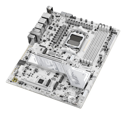 ASUS ROG STRIX X870E-A GAMING WIFI7 NEO – ATX AM5 bundkort – skråt ovenfra med afdækning fjernet