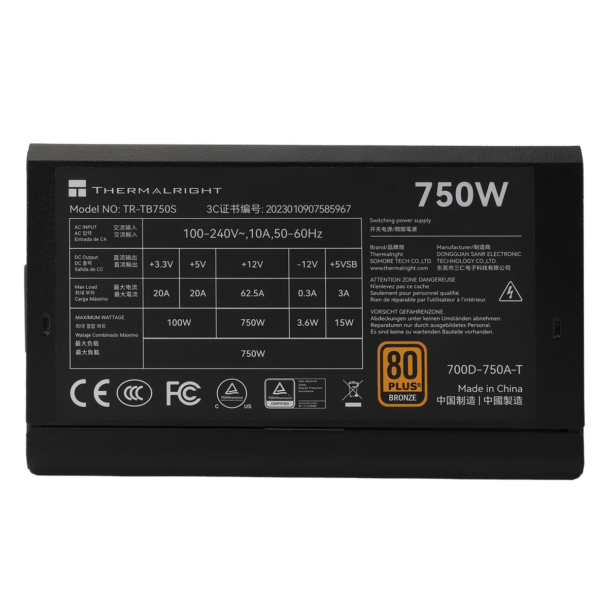 Thermalright TR-TB750S Black - PSU, 80+ Bronze, 750W Shenzhen Deli Ming Technology Co. LTD (Thermalright)