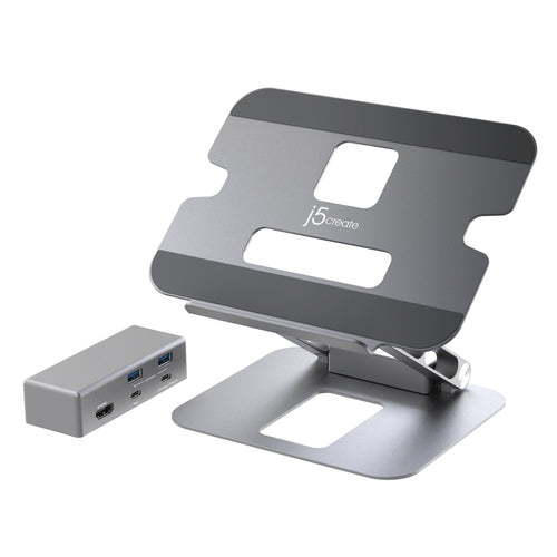 j5create – justerbart laptopstativ med 4K USB-C-dock – Stativets støtteflade