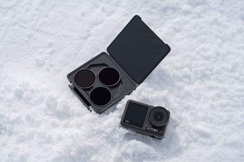 DJI Osmo Action ND-filtersæt – ND8, ND16 og ND32 – Filtersæt ved siden af actionkamera; kamera medfølger ikke