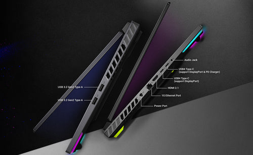 ASUS ROG Strix G16 G614FP-S5062W – detalje af tilslutninger; tastaturlayout illustrativt