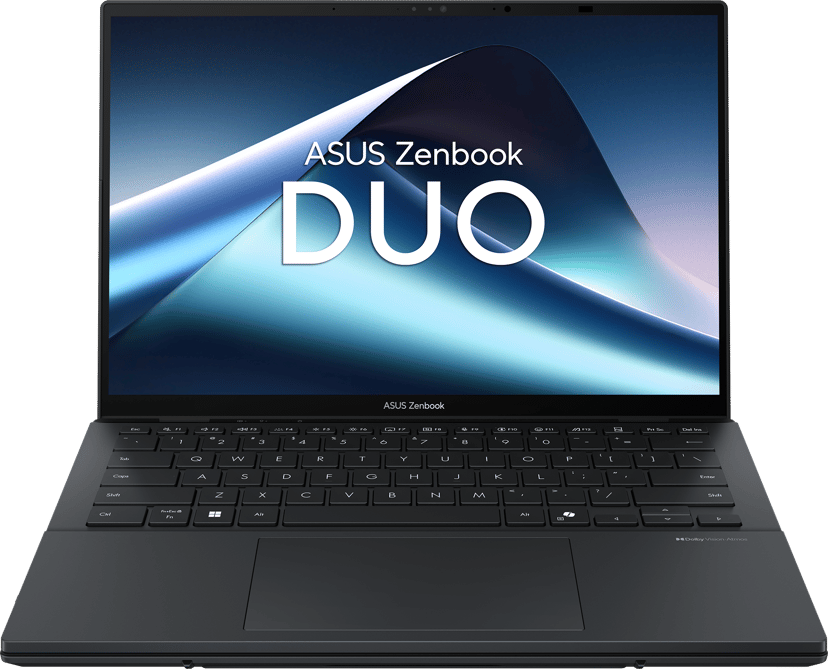 ASUS UX8406CA-QL314X i Inkwell Gray, åben Zenbook Duo med tastaturet på den nederste skærm