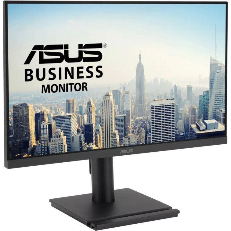 Sort ASUS VA249QGSE – 23,8-tommers skærm med justerbar fod, set skråt forfra