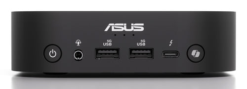 ASUS NUC 14 Pro AI Slim front med tænd/sluk-knap og tilslutninger