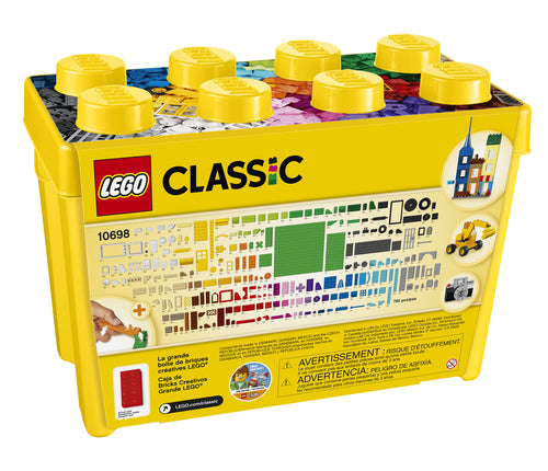 LEGO Classic 10698 – Stor kreativ klodskasse – opbevaringsboksens bagside med oversigt over indhold