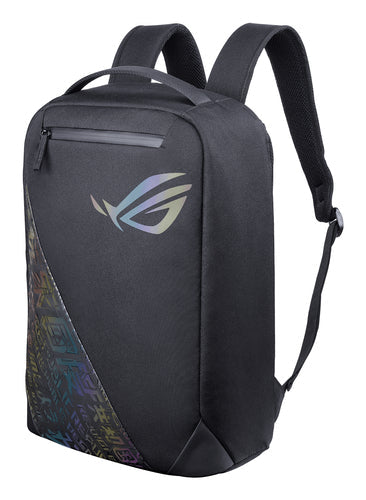 ASUS ROG BP1501G Holographic Edition sort rygsæk skråt forfra med bærehåndtag og skulderstropper