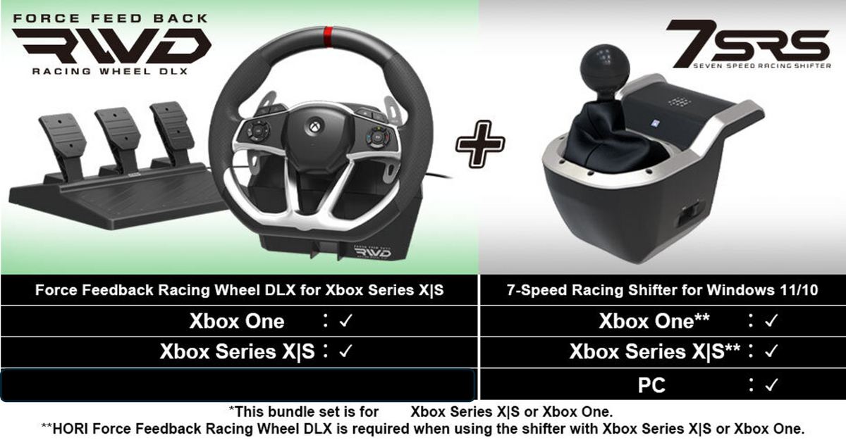 HORI - Force Feedback Racing Wheel DLX + 7-Speed Racing Shifter Bundle For Xbox Series X - S, Xbox One HORI