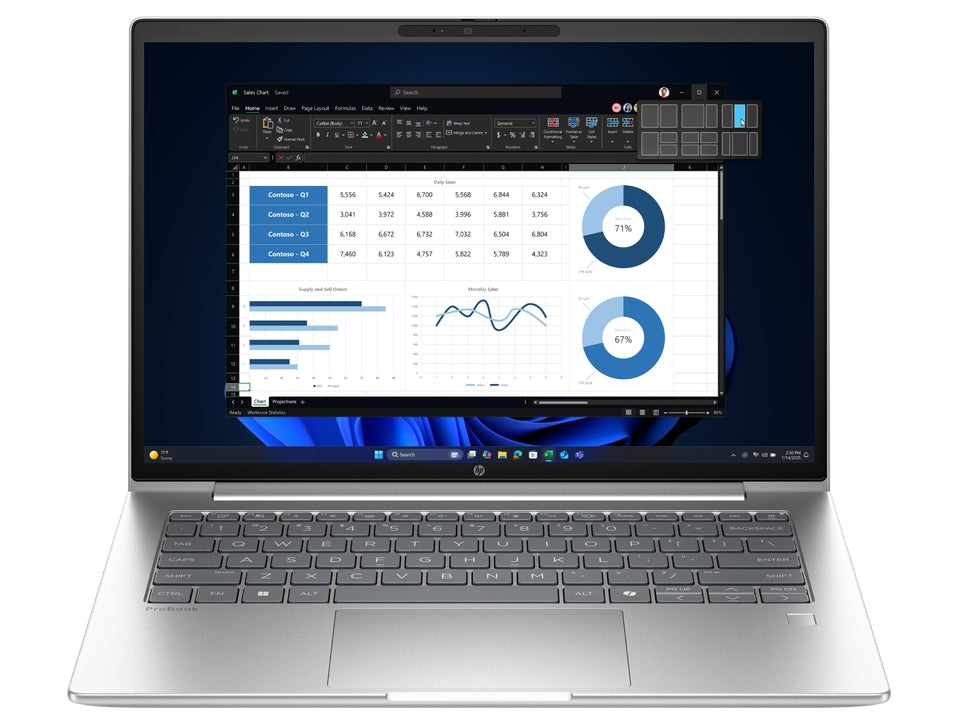 HP ProBook 4 G1iR 14 i sølv med åben skærm; tastaturlayout er illustrativt
