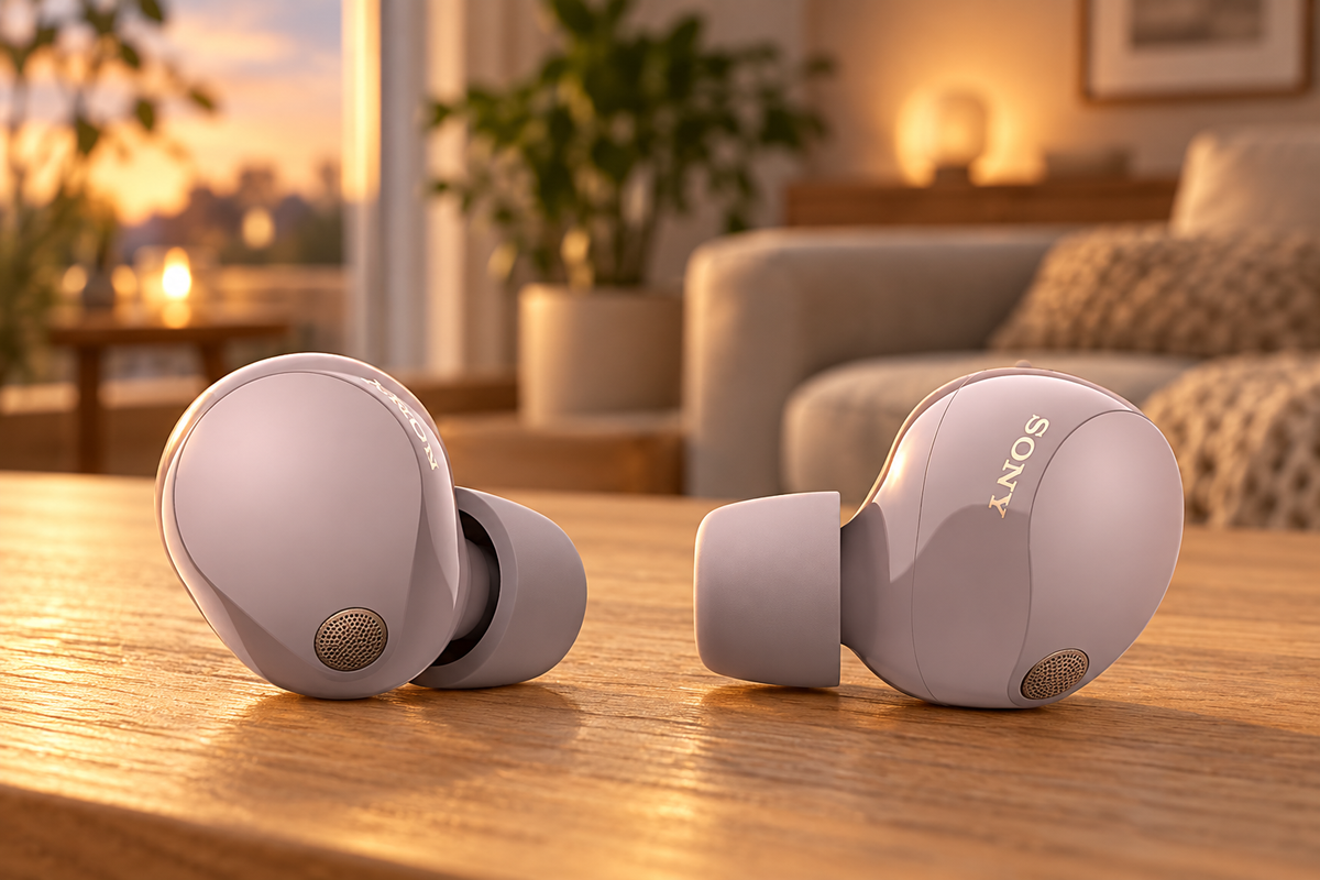 Sony WF-1000XM5 – trådløse in-ear-øretelefoner med støjreduktion – lyserød – stemningsbillede