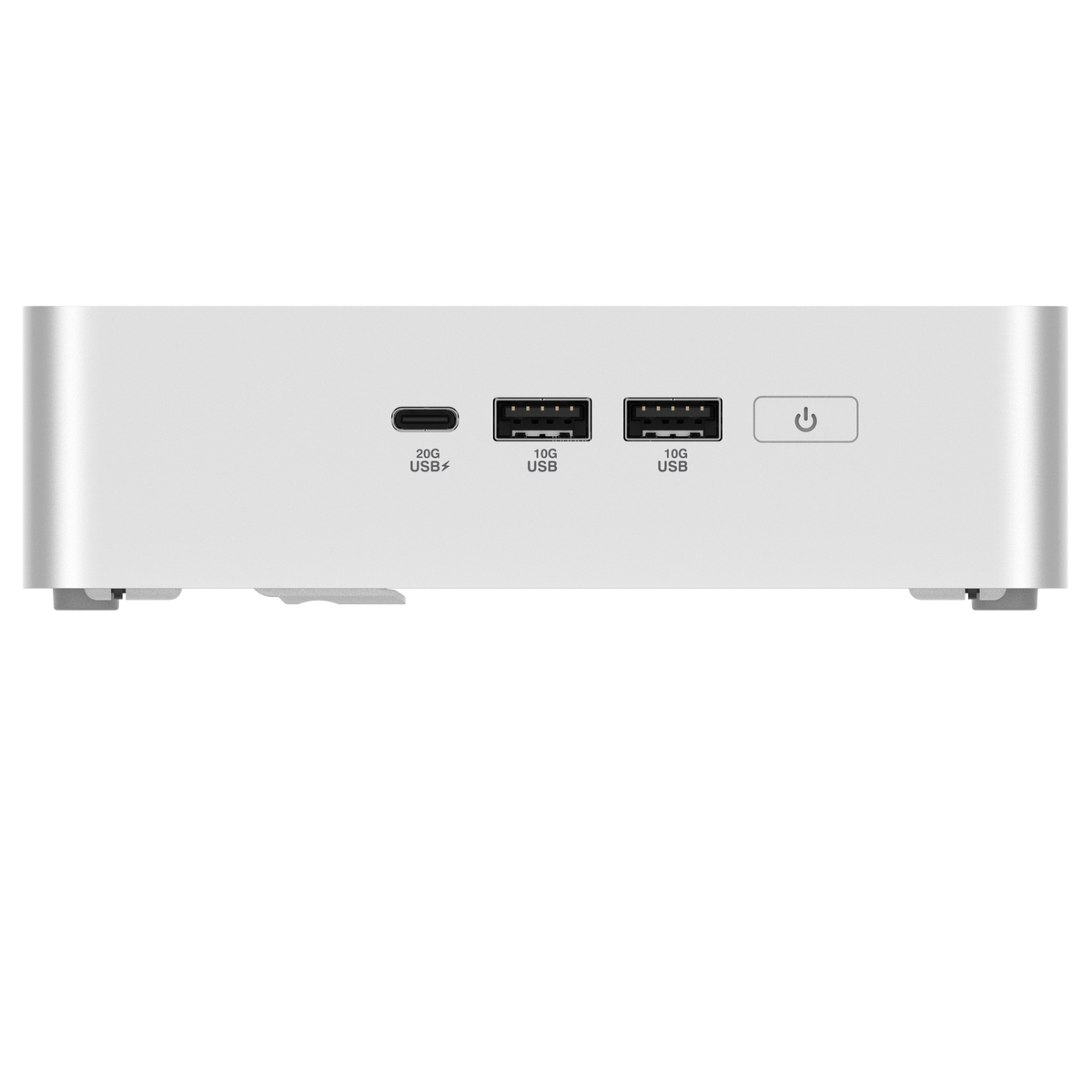 ASUS NUC 15 Pro+ mini-PC i sølv med USB-porte foran