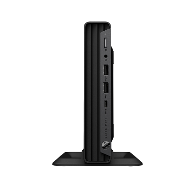 HP Elite Mini 800 G9 – Core i5-14500, 16 GB RAM, 512 GB SSD – mini-PC vist lodret i holder