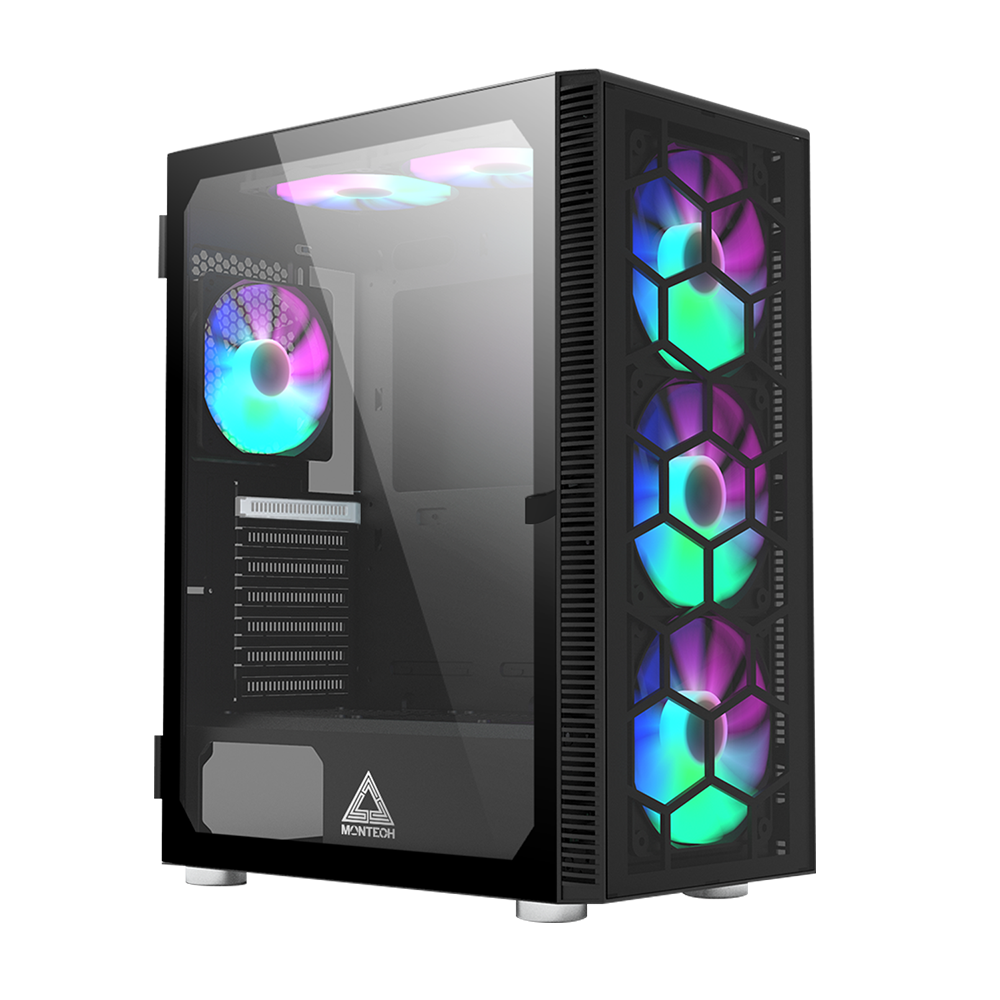 Montech X3 Glas Sort - 6 Fans Inkluderet (Statisk RGB) - Tempereret Glas Side