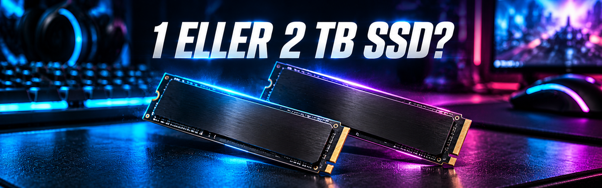 To generiske SSD-moduler i blå og lilla lys under teksten 1 eller 2 TB SSD?