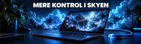 Generisk bærbar med et originalt fantasilandskab og blå skylignende belysning under teksten Mere kontrol i skyen