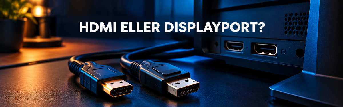 HDMI- og DisplayPort-stik ved en gamingmonitor med blå kantbelysning.