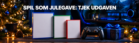 Neutrale spilæsker og en controller ved en julegave med blåt bånd og varmt julelys.